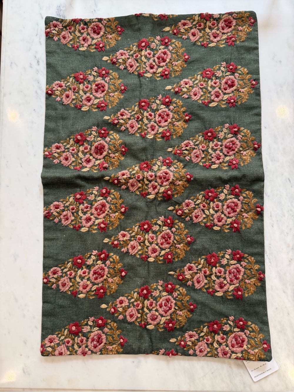 Pottery Barn Green Floral Embroidered Pillow Cover with Beige Trim - Picture 2 of 3